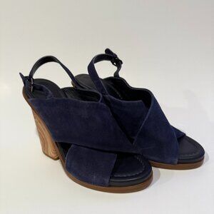 Vince Helena Wood Block Heel Navy Suede Strappy Sandal Size 9